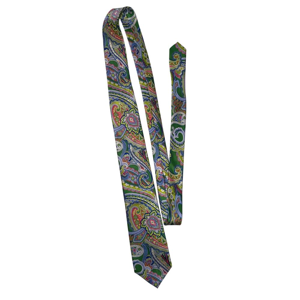 Geoffrey Beene 100% Silk Paisley Tie Green Luxury Men’s 60” 70s Boho Old Money